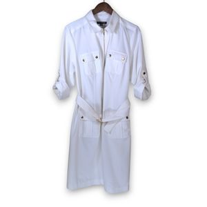 Sharagano White Belted Utility Shirt Dress